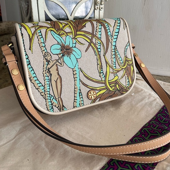 New Tory burch EMERSON PRINTED CANVAS CROSSBODY CREAM BROWN CLIMBING PALMS - Picture 3 of 8